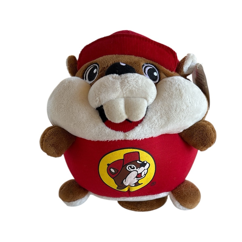 Buc-ees Texas Gas Station Beaver Round Plush Stuffed Animal Red Shirt & Hat 7"
